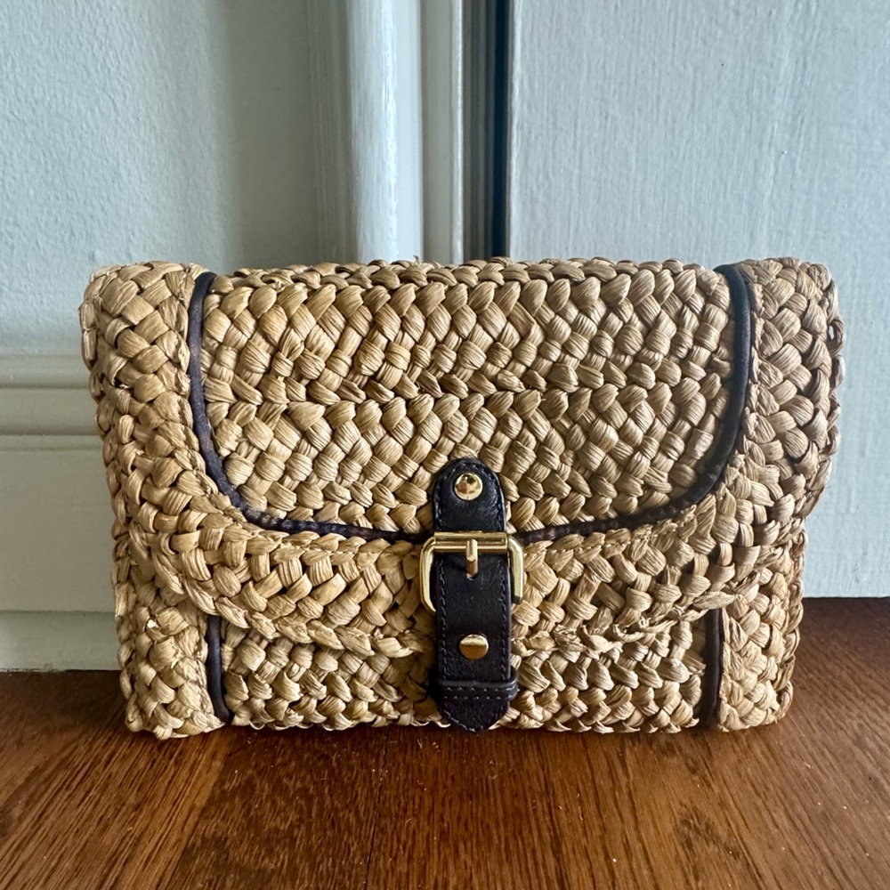 Woven Straw Clutch with Brown Leather Clasp, Gold Accents and Leopard Lining